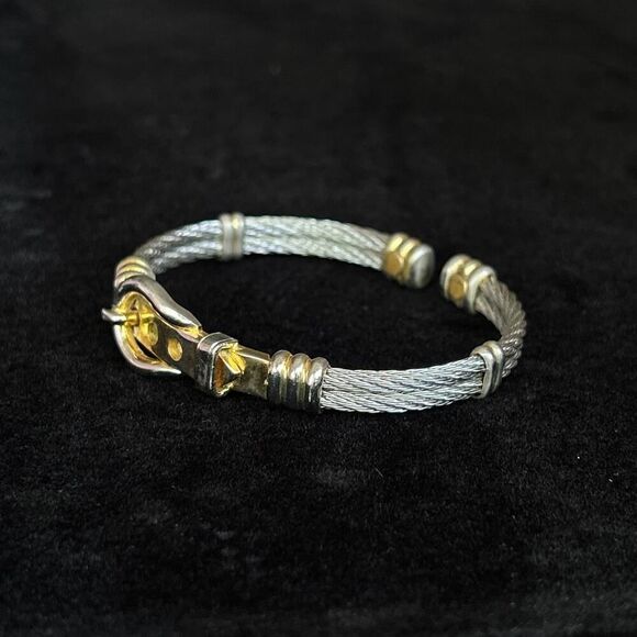 Vintage Stainless Steel and Gold Plated "Belt Buckle" Mixed Metal Cuff Bracelet - Picture 2 of 7